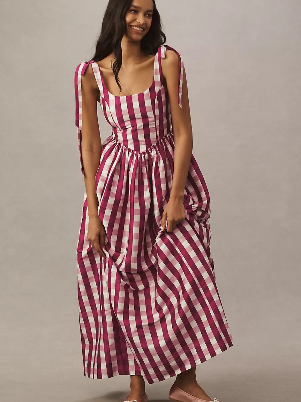 Tie-Shoulder Pink Gingham Maxi Dress